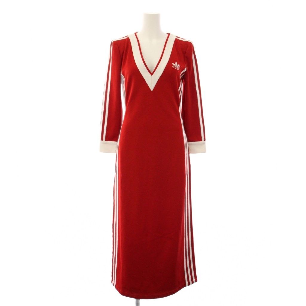 Gucci Adidas Originals V-neck Cotton Jersey Dress Long Sleeve S Red