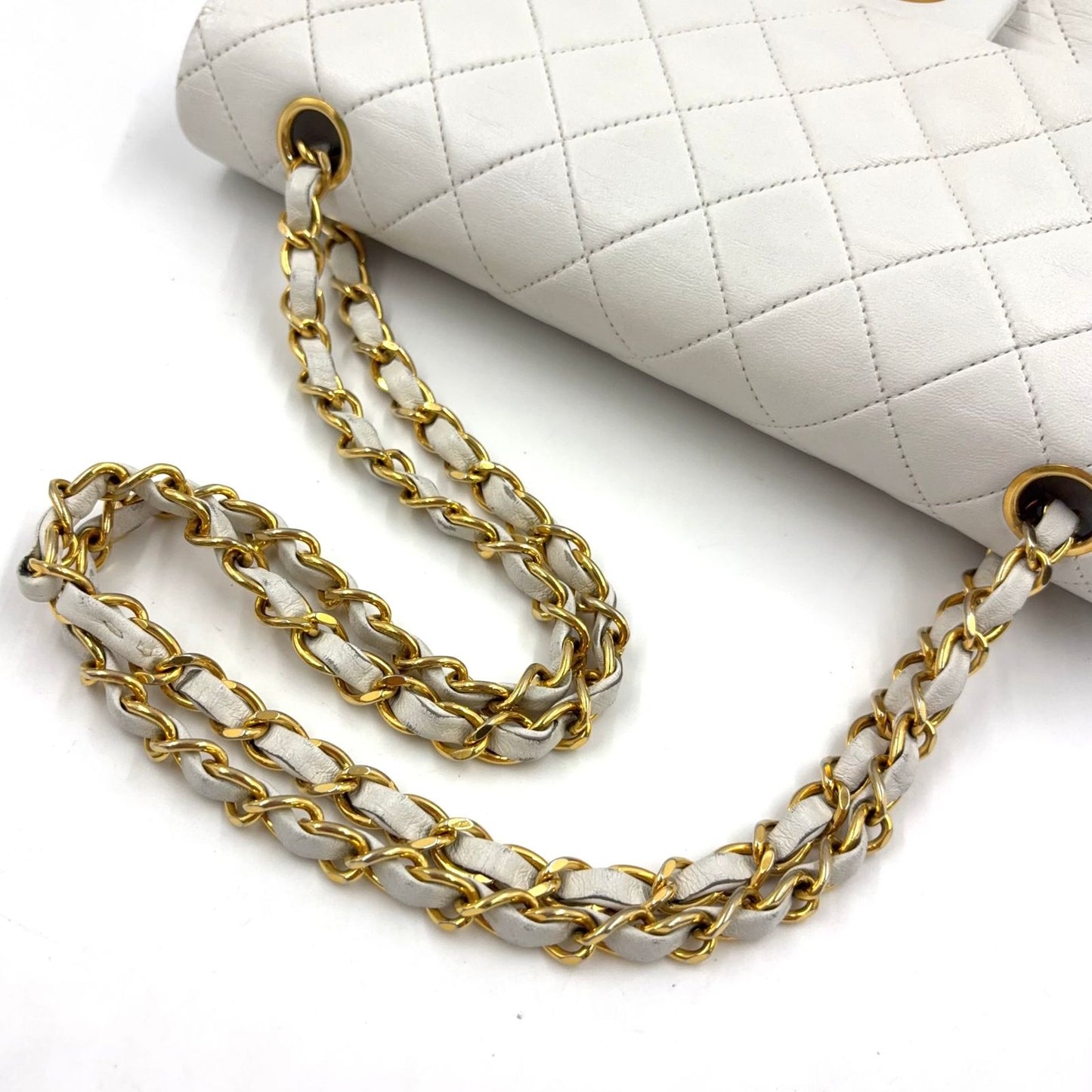 Chanel Double Flap Quilted Unknown Lambskin White Chain Shoulder Bag Gold — view 9