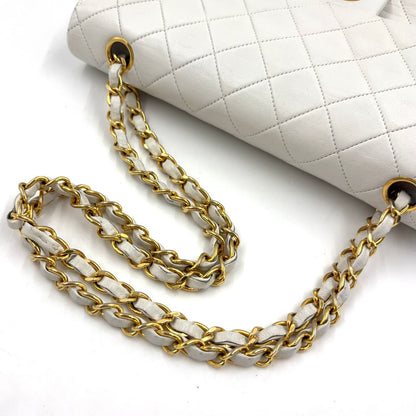 Chanel Double Flap Quilted Unknown Lambskin White Chain Shoulder Bag Gold — view 9