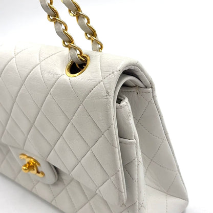 Chanel Double Flap Quilted Unknown Lambskin White Chain Shoulder Bag Gold — view 7