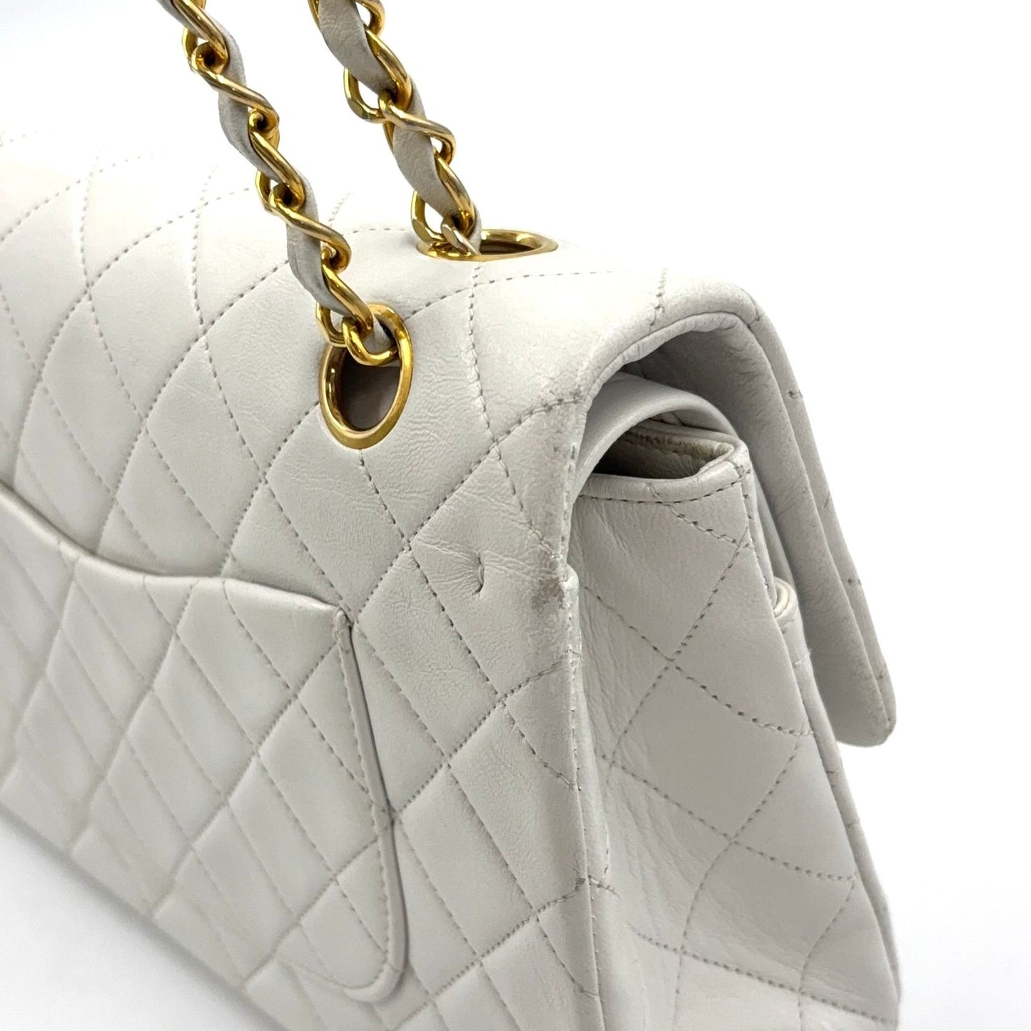 Chanel Double Flap Quilted Unknown Lambskin White Chain Shoulder Bag Gold — view 8