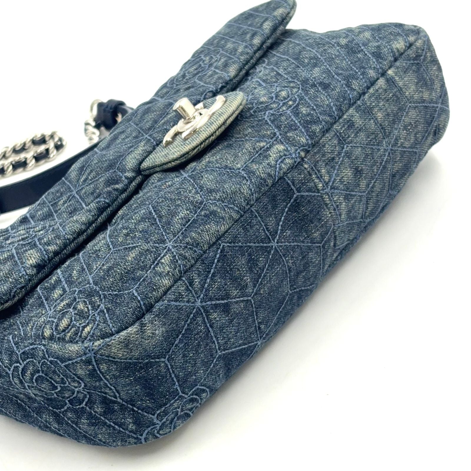Chanel Camellia Chain Shoulder CC Logo Quilted Denim Blue Bag Silver — view 6