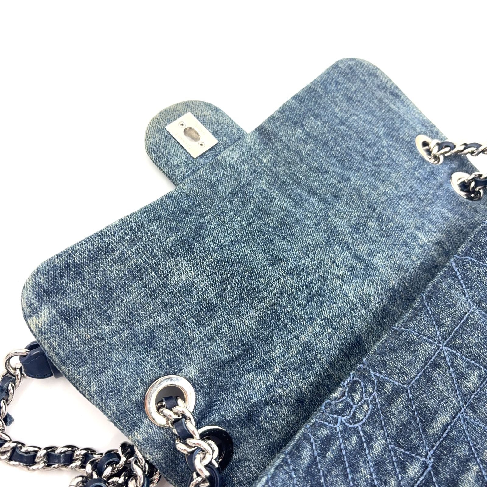 Chanel Camellia Chain Shoulder CC Logo Quilted Denim Blue Bag Silver — view 8