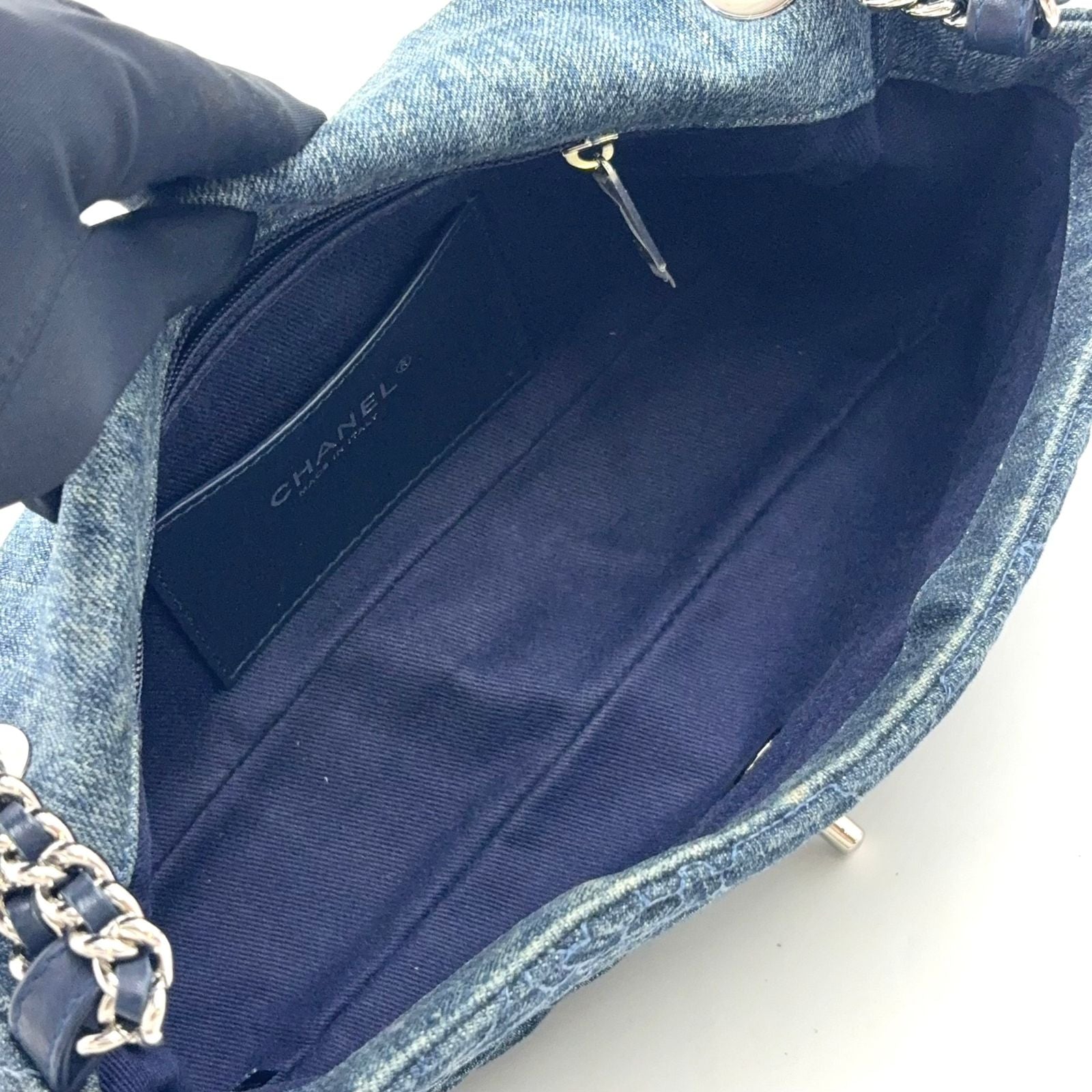 Chanel Camellia Chain Shoulder CC Logo Quilted Denim Blue Bag Silver — view 3