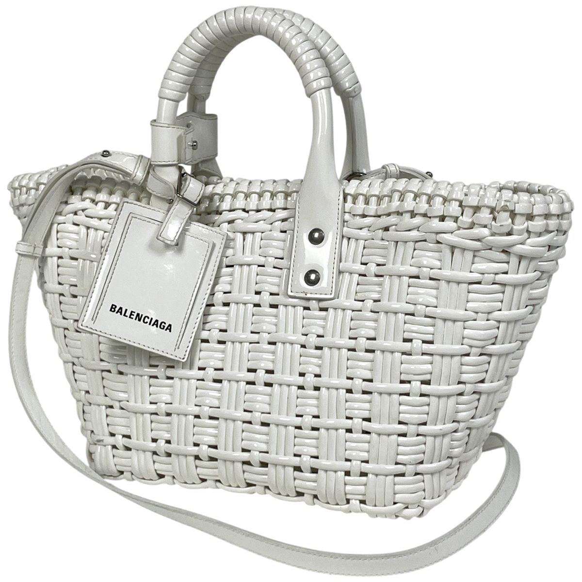 Balenciaga Bistro Basket XS 2-Way Enamel Handbag Patent Leather White