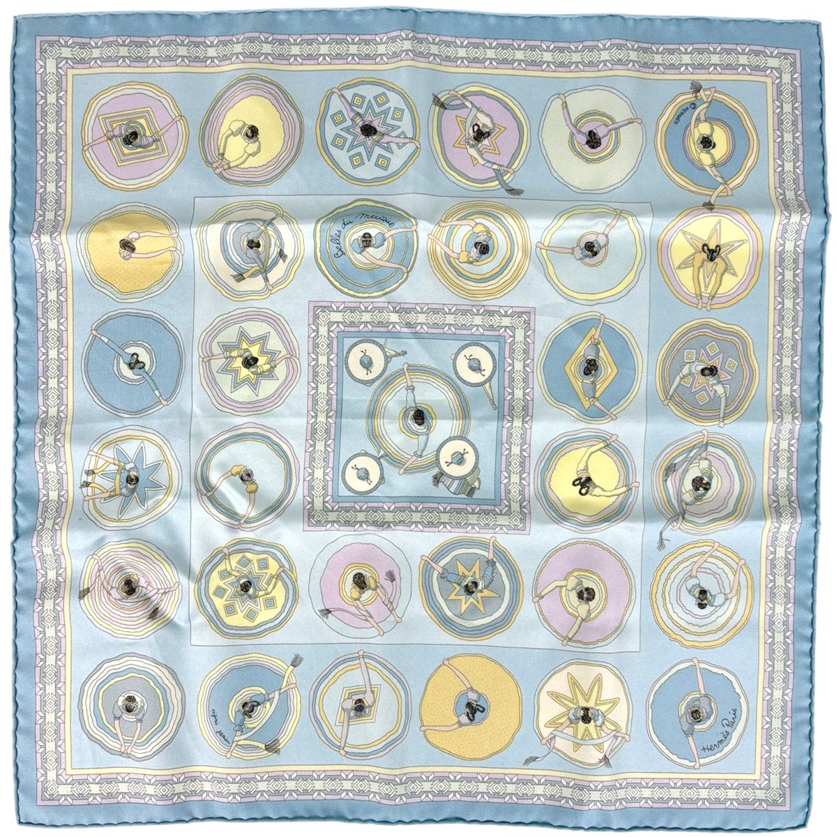 Hermes Petit Carre Belles du Mexique Mexican Dance Scarf Silk Light Blue