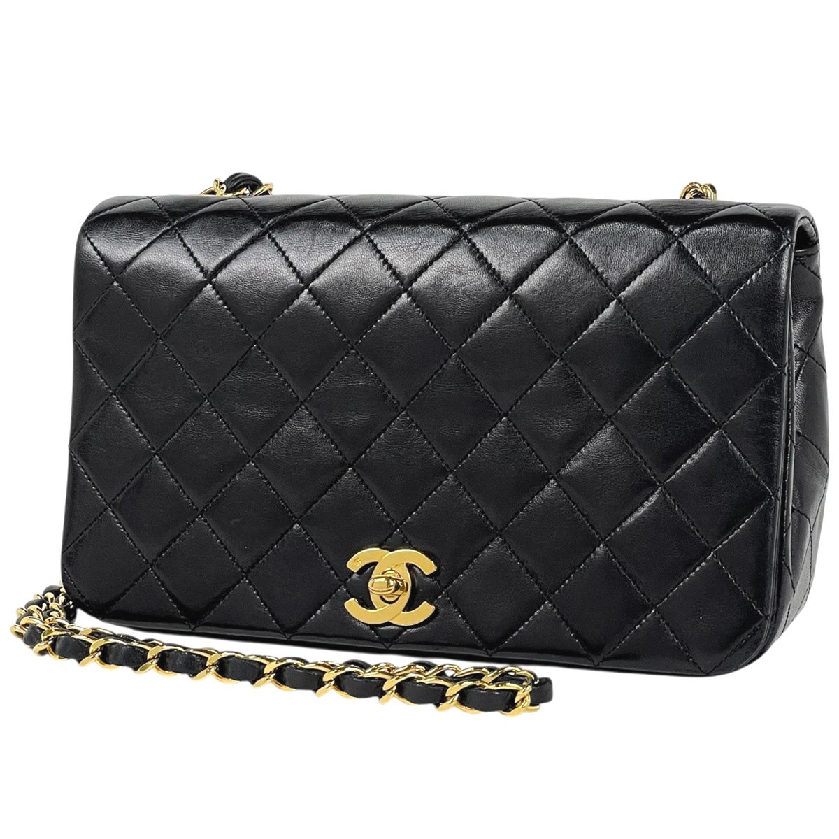 Chanel Quilted Single Flap Chain Shoulder Bag CC Logo Full Leather Black