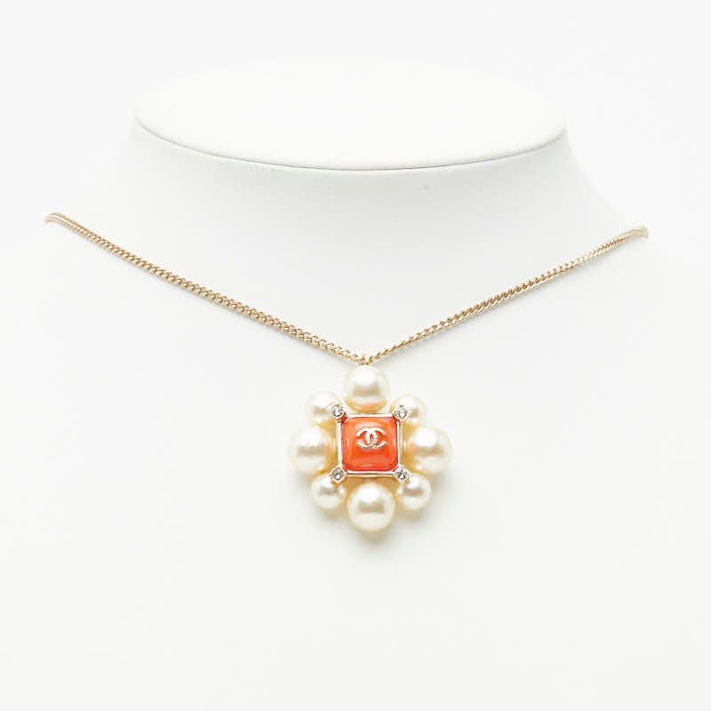 Chanel CC Logo Line Stone Necklace Gold Orange Plated Faux Pearl