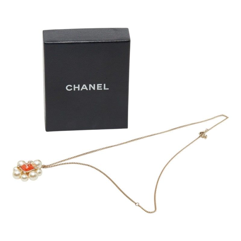 Chanel CC Logo Line Stone Necklace Gold Orange Plated Faux Pearl