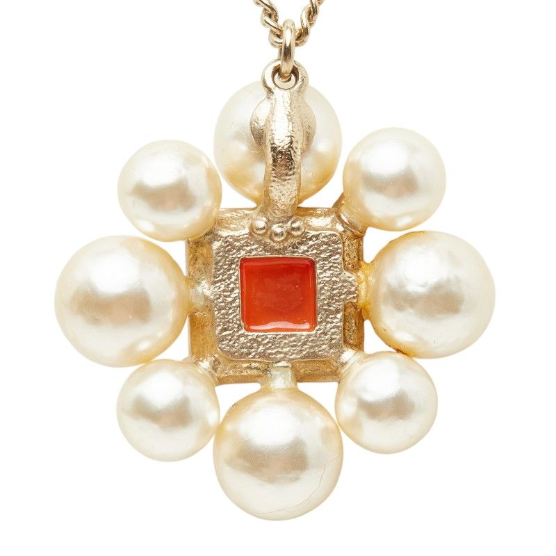 Chanel CC Logo Line Stone Necklace Gold Orange Plated Faux Pearl