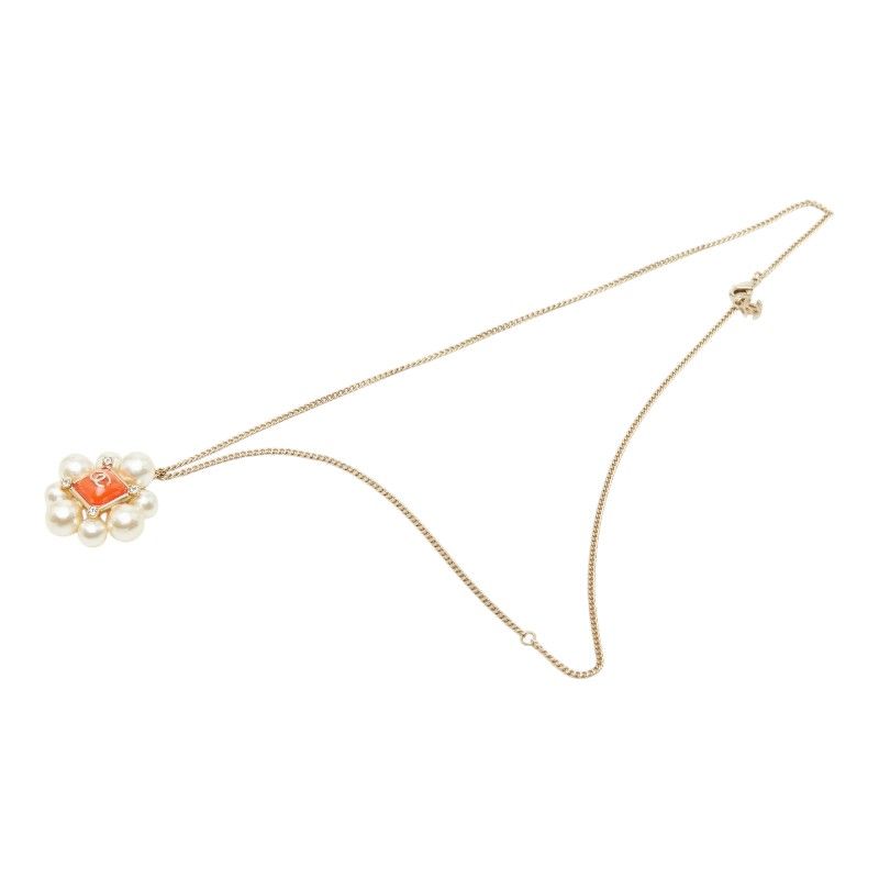 Chanel CC Logo Line Stone Necklace Gold Orange Plated Faux Pearl
