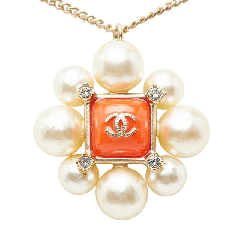 Chanel CC Logo Line Stone Necklace Gold Orange Plated Faux Pearl