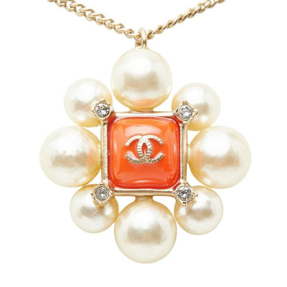 Chanel CC Logo Line Stone Necklace Gold Orange Plated Faux Pearl