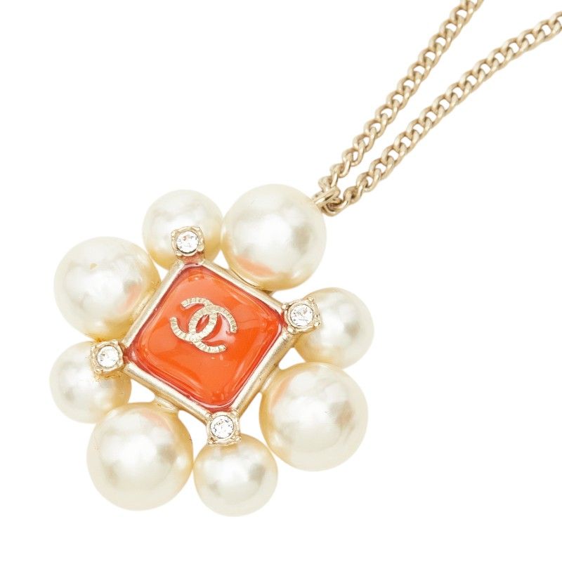 Chanel CC Logo Line Stone Necklace Gold Orange Plated Faux Pearl
