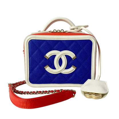 Chanel Shoulder Bag CC Filigree Blue White Red 2-Way Chain Gold Leather