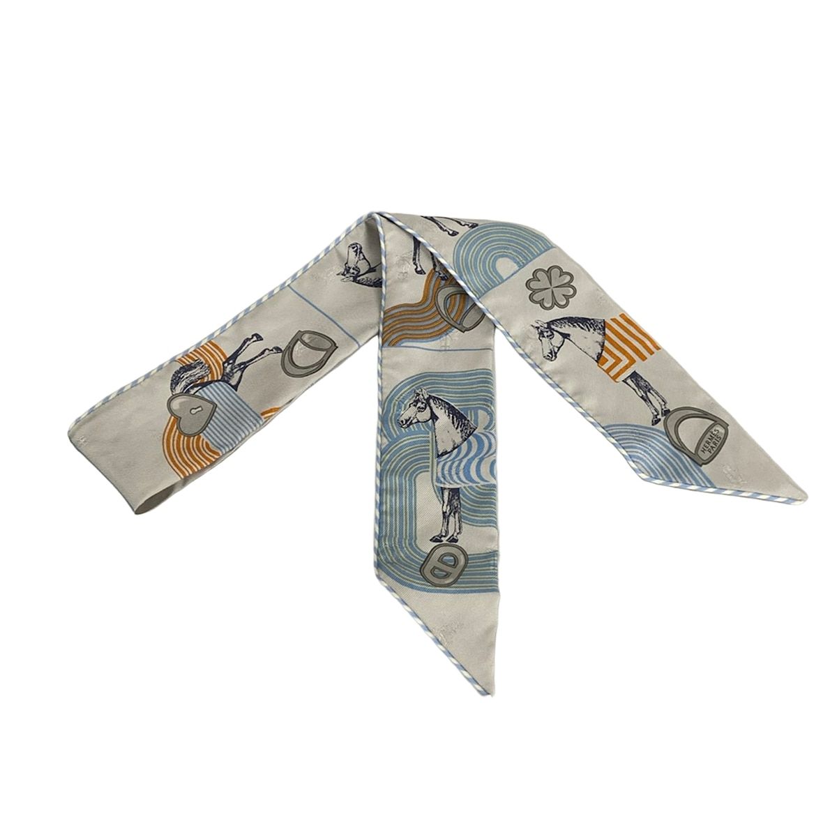 Hermes Scarf Twilly Light Gray Light Blue Orange Ribbon Garde Robe Pop