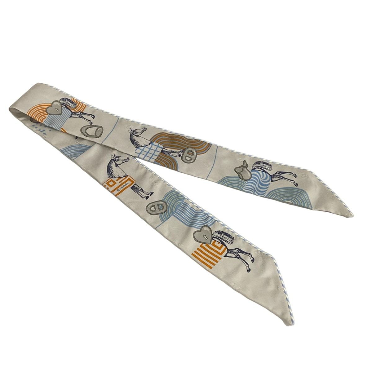 Hermes Scarf Twilly Light Gray Light Blue Orange Ribbon Garde Robe Pop — view 4