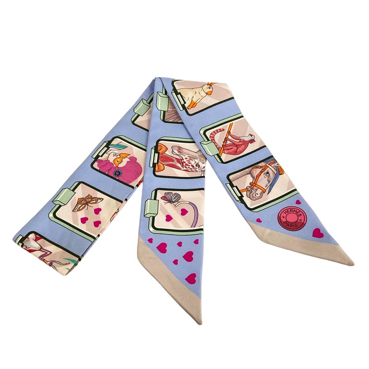 Hermes Scarf Twilly Light Blue Beige Red Ribbon Story