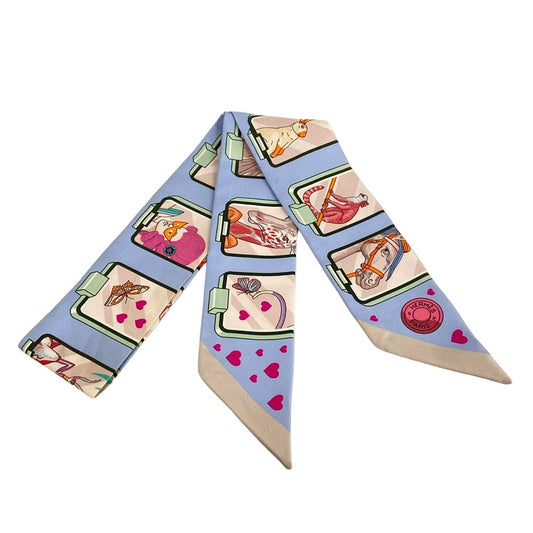 Hermes Scarf Twilly Light Blue Beige Red Ribbon Story