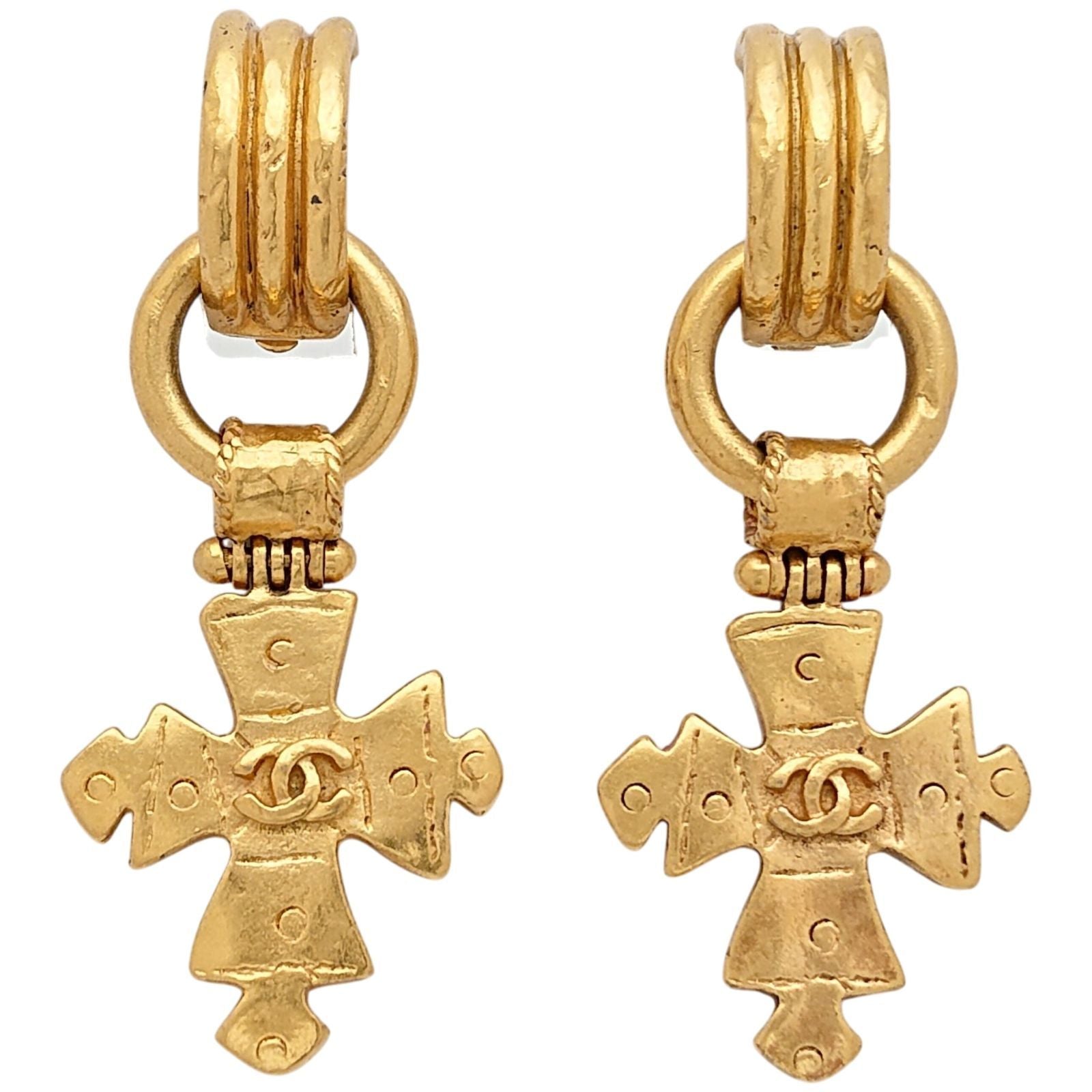 Chanel engraved Vintage Cross Earrings CC Logo Gold