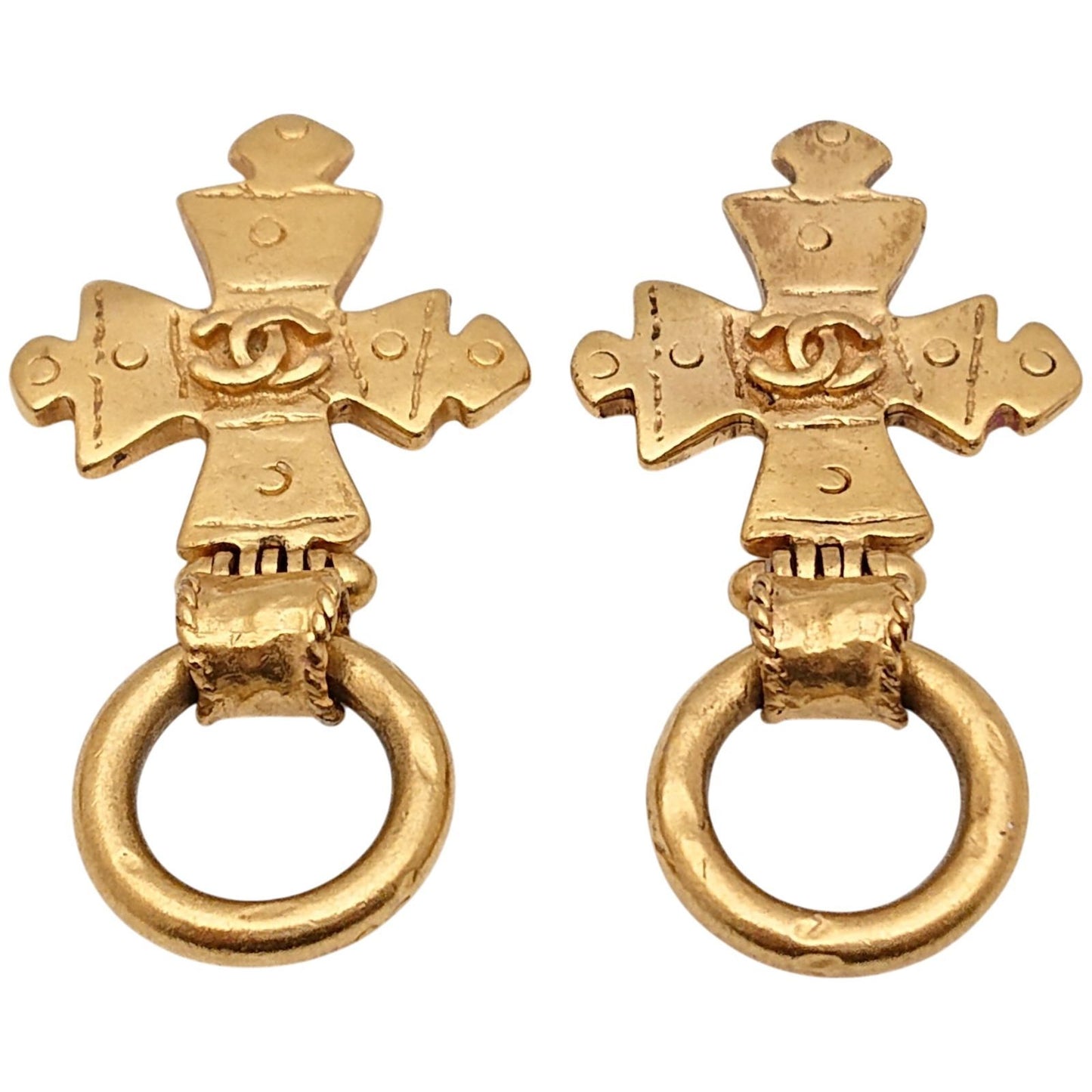 Chanel engraved Vintage Cross Earrings CC Logo Gold — view 7