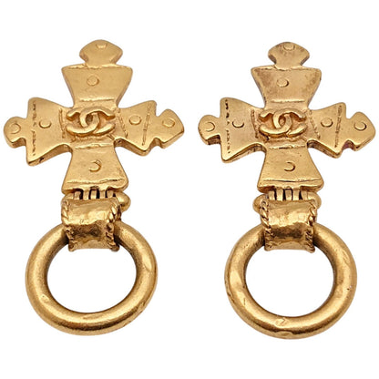 Chanel engraved Vintage Cross Earrings CC Logo Gold — view 7