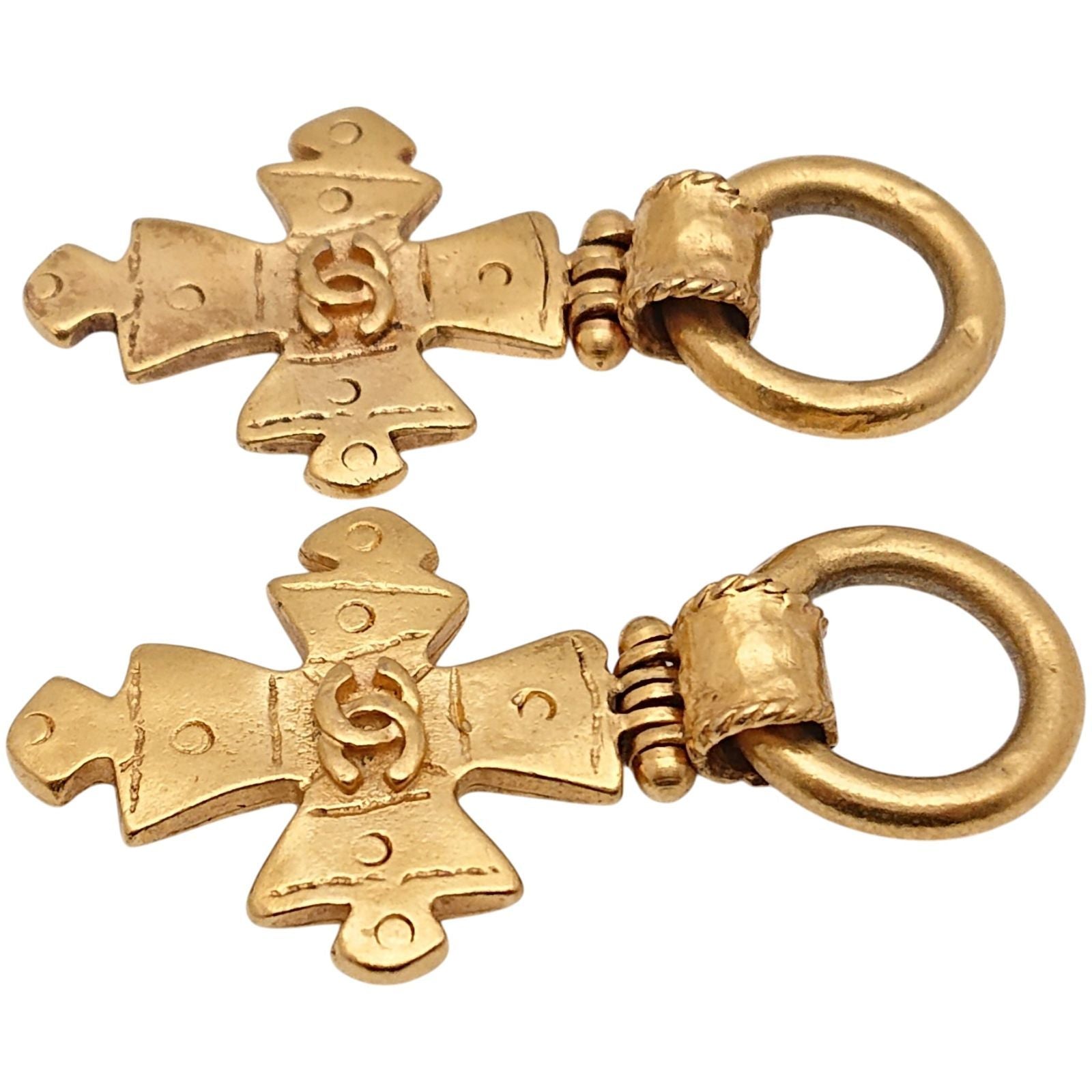 Chanel engraved Vintage Cross Earrings CC Logo Gold — view 8