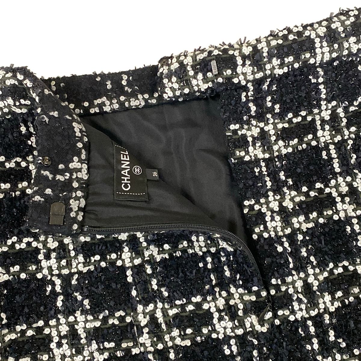 Chanel Long Skirt 36 S Black White Tweed Plaid Sequin Wool — view 9