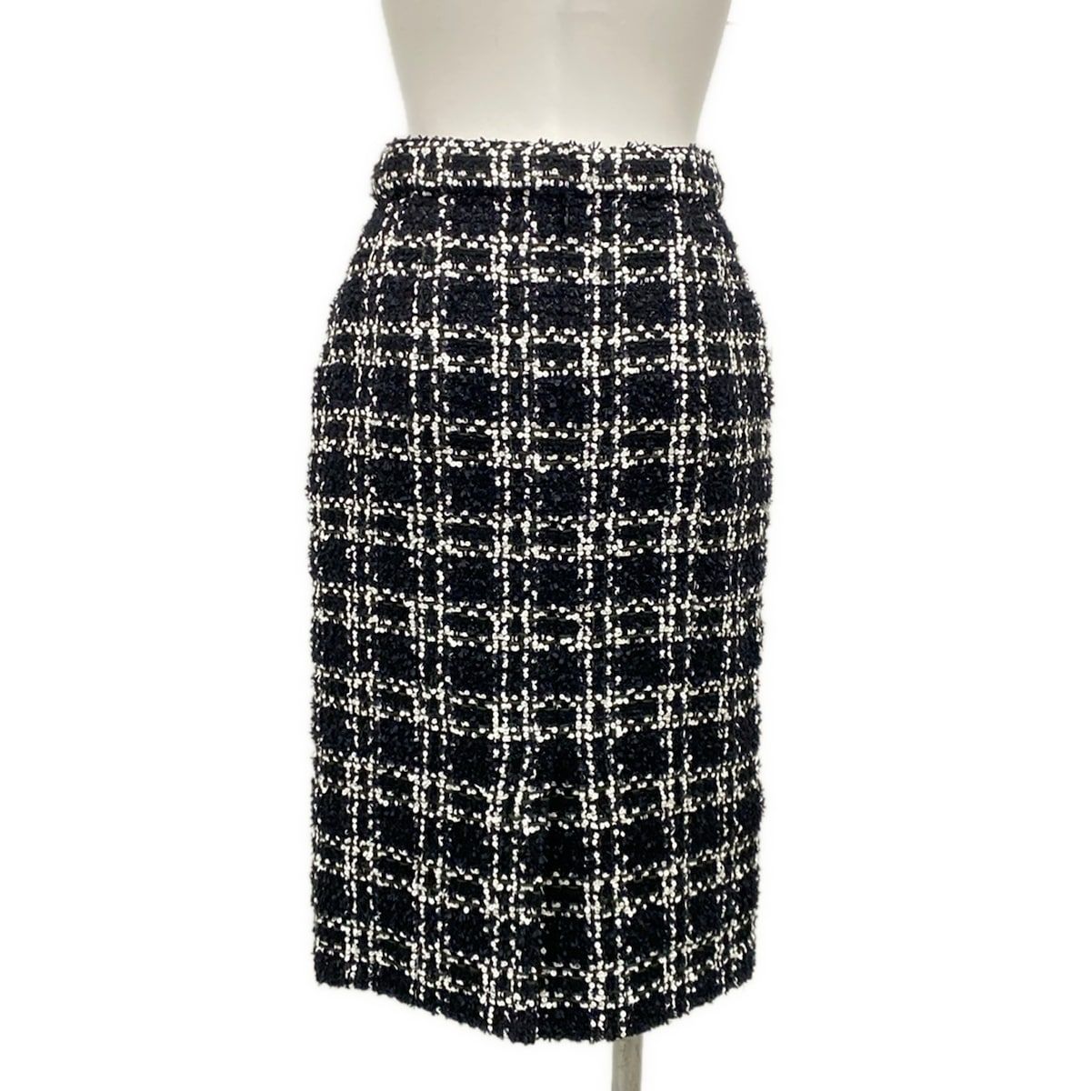 Chanel Long Skirt 36 S Black White Tweed Plaid Sequin Wool — view 2