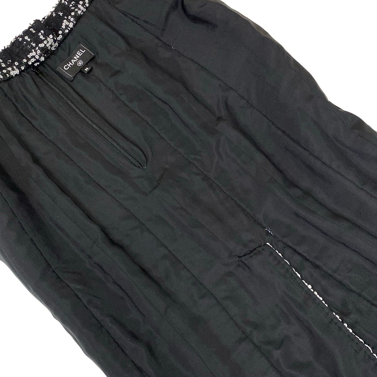 Chanel Long Skirt 36 S Black White Tweed Plaid Sequin Wool — view 8