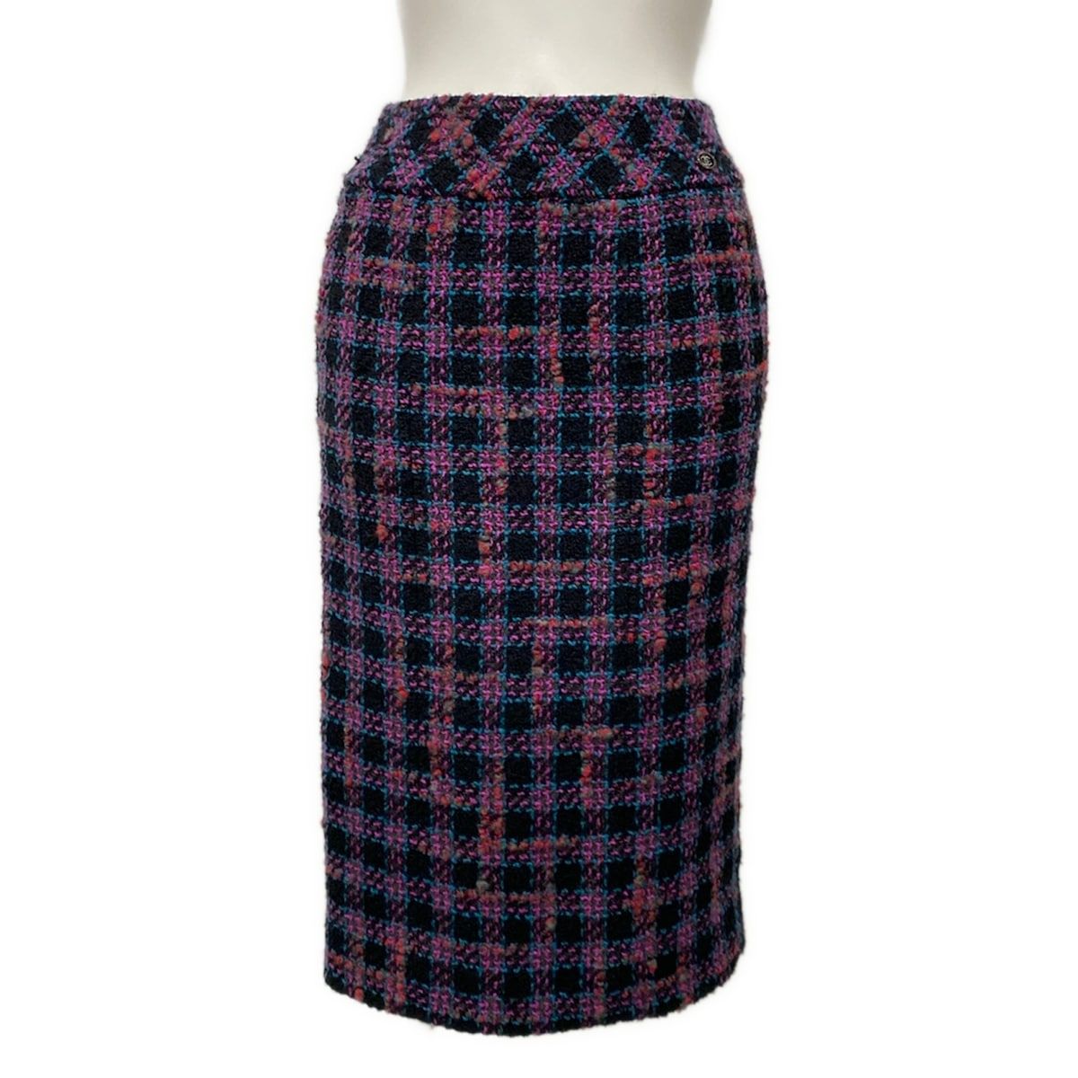 Chanel Long Skirt 34 S Black Pink Multi Plaid Wool