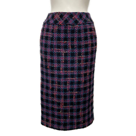 Chanel Long Skirt 34 S Black Pink Multi Plaid Wool
