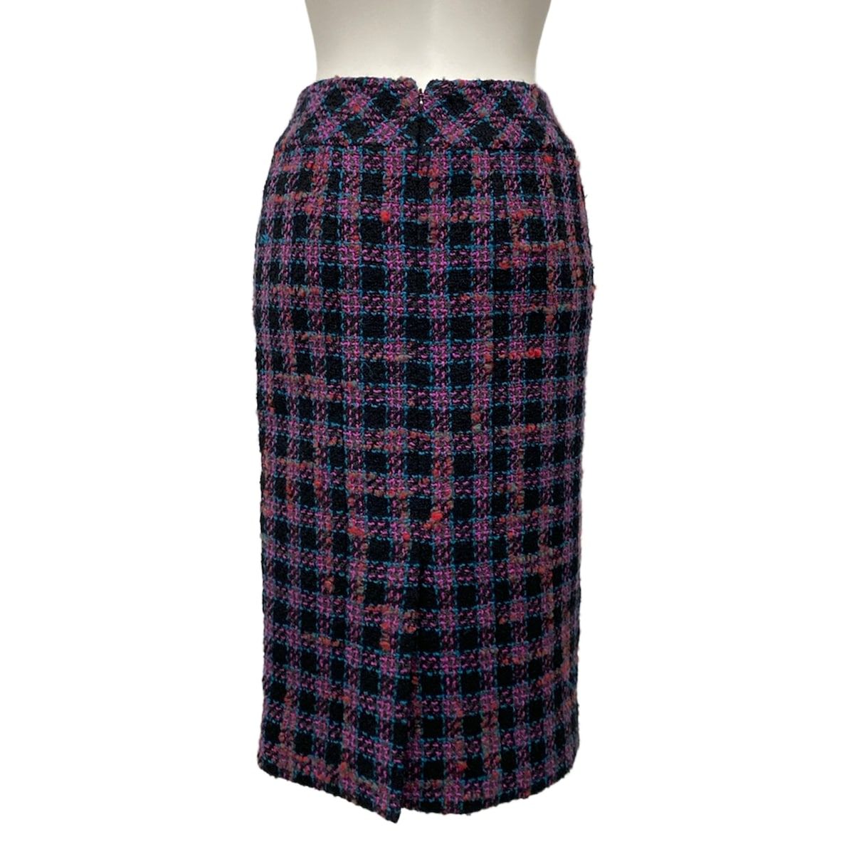 Chanel Long Skirt 34 S Black Pink Multi Plaid Wool — view 2
