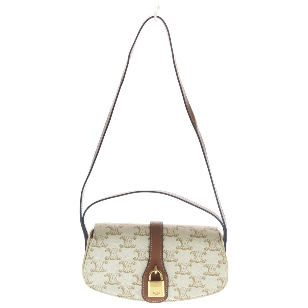 Celine Triomphe Tab Clutch 2-Way Shoulder Bag White Brown Leather Gold
