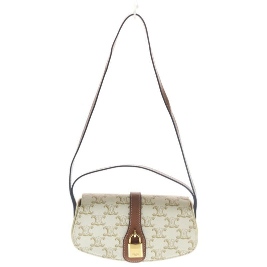 Celine Triomphe Tab Clutch 2-Way Shoulder Bag White Brown Leather Gold
