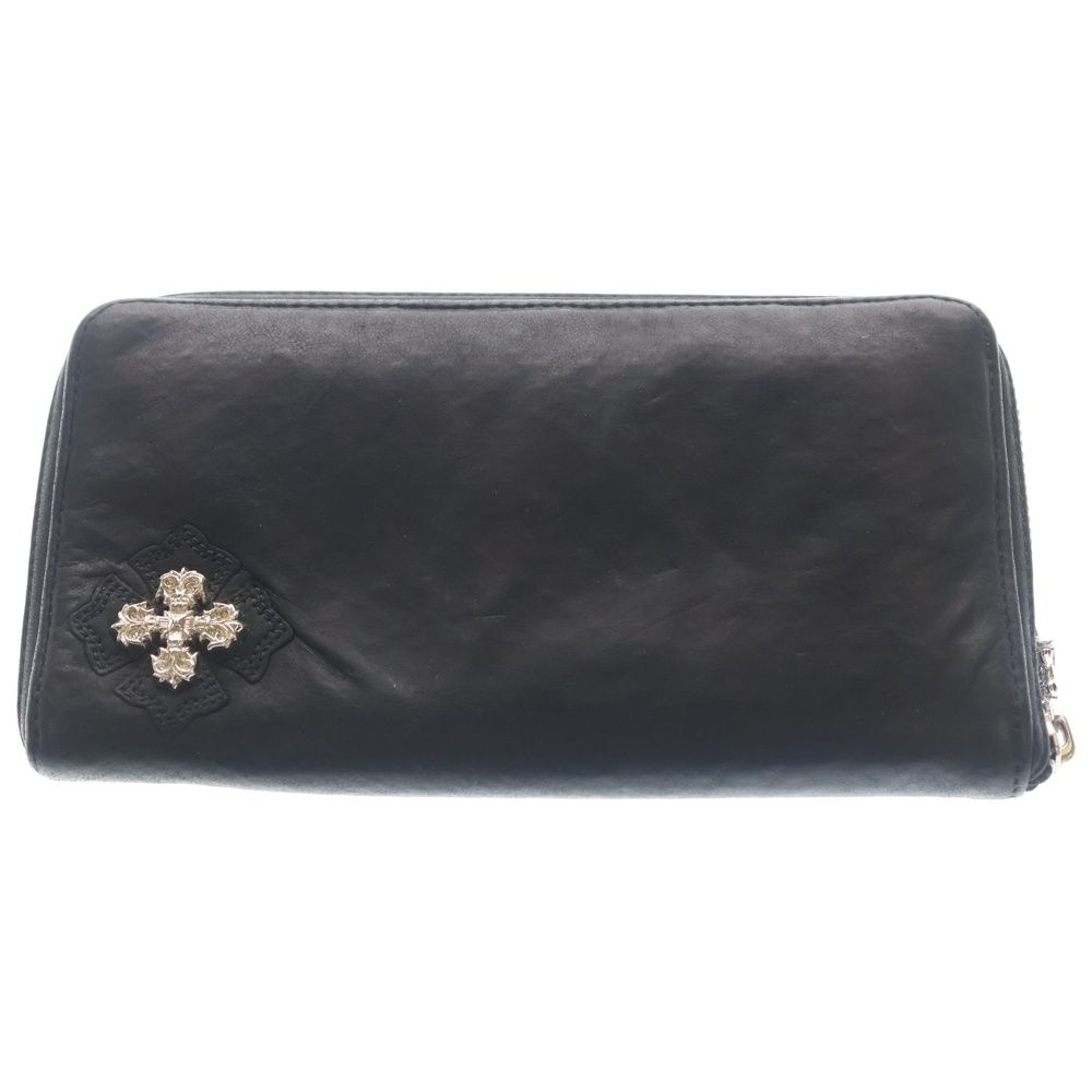 Chrome Hearts Rec Zip White Rhodium Filigree Plus Round Zip Leather Wallet Black