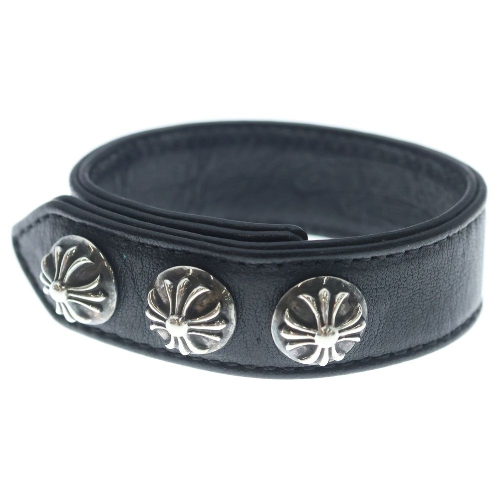 Chrome Hearts Cross Ball 3 Buttons 2 Snaps Leather Bracelet Black Silver
