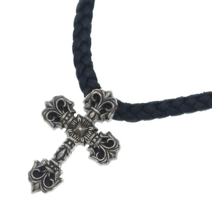 Chrome Hearts Filig Cross Xsm LB Filigree Leather Braid Necklace Silver