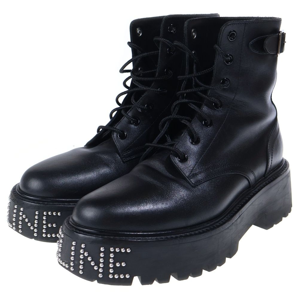Celine Bulky Studded Logo Leather Lace Up High Cut Shoes Short Boots Black — view 2