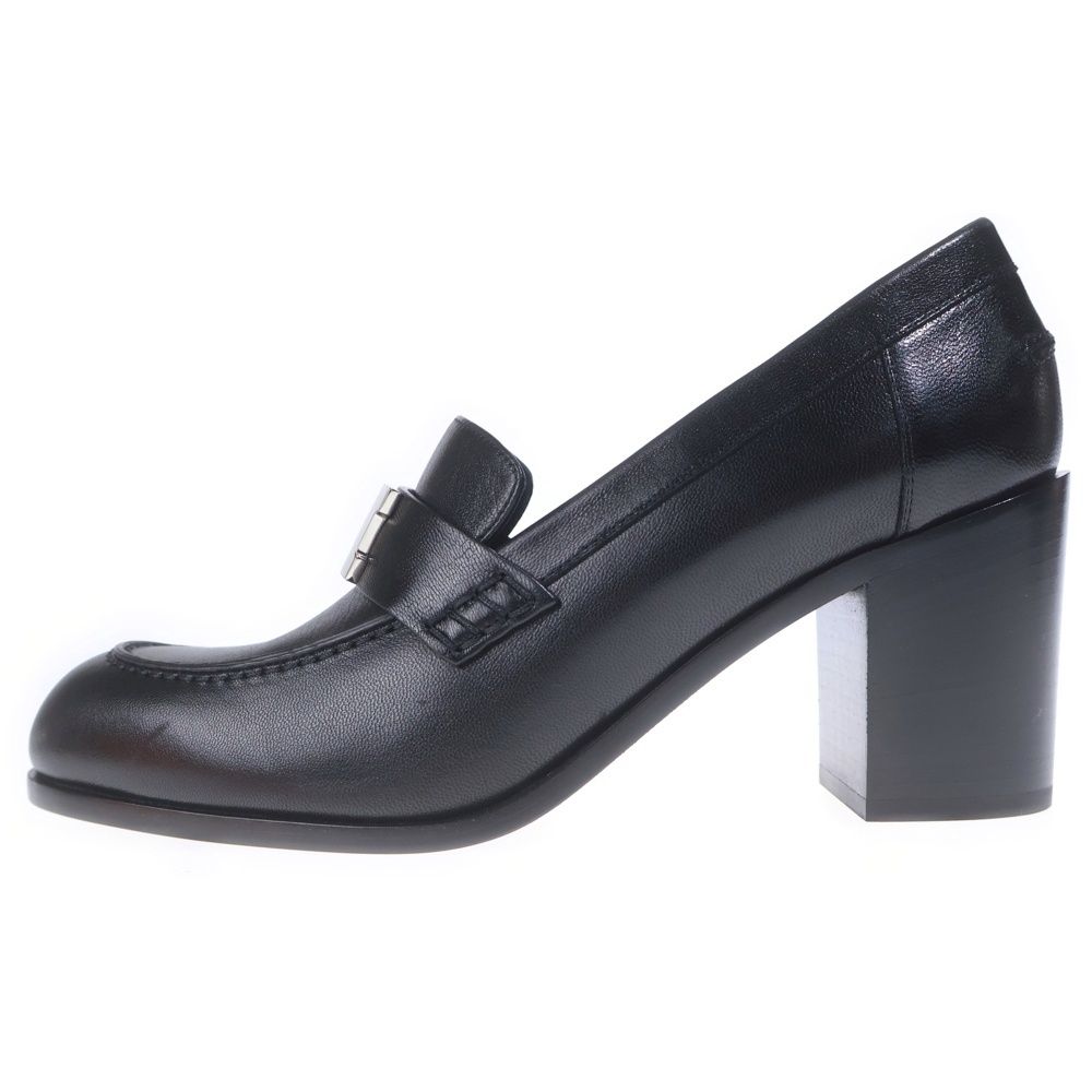Hermes Moccasins Logo Plate Leather Heels Loafers Shoes Silver Black