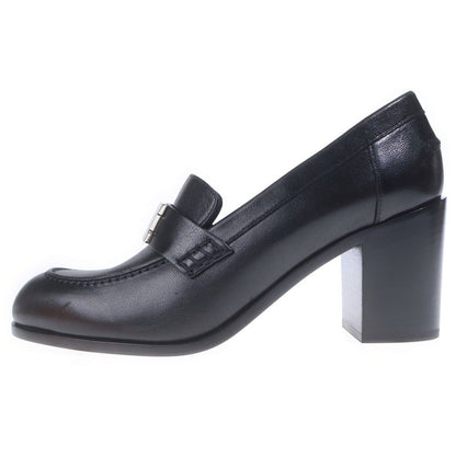 Hermes Moccasins Logo Plate Leather Heels Loafers Shoes Silver Black