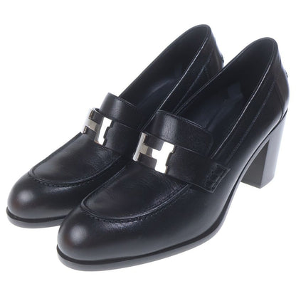 Hermes Moccasins Logo Plate Leather Heels Loafers Shoes Silver Black — view 2