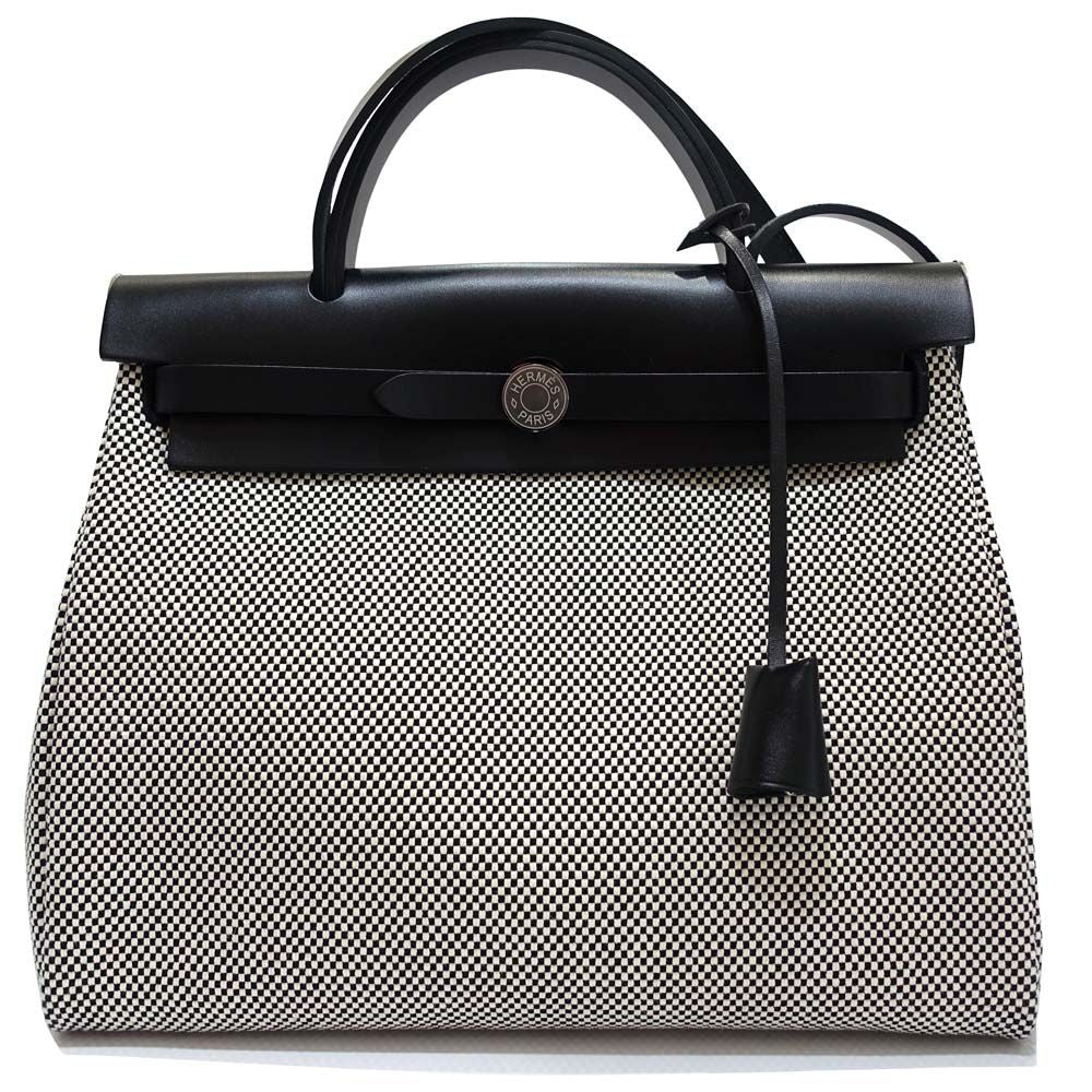 Hermes Herbag Zip PM Handbag Ed Toile GM Vache Hunter Silver
