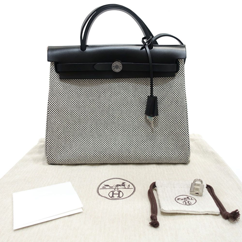 Hermes Herbag Zip PM Handbag Ed Toile GM Vache Hunter Silver — view 9