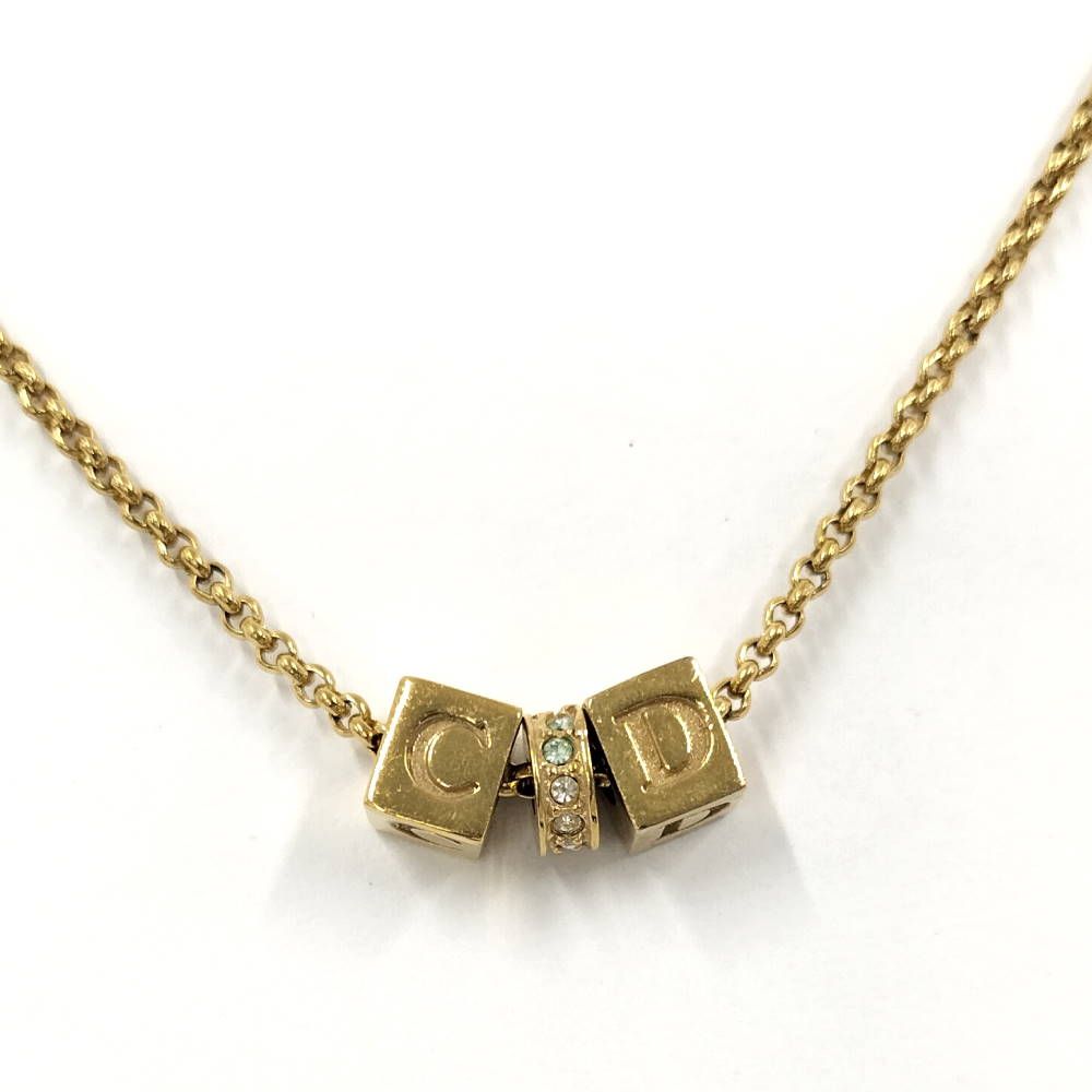 Dior CD Logo Necklace Cube Line Stone Gold Plated
