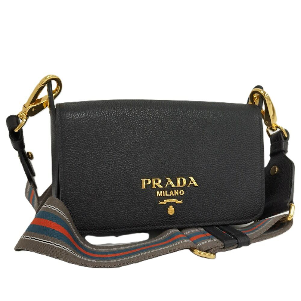 Prada Flap Shoulder Bag Leather Black Gold
