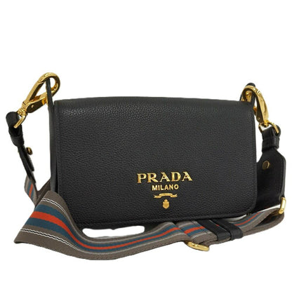 Prada Flap Shoulder Bag Leather Black Gold