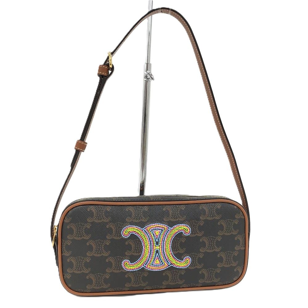 Celine Shoulder Bag Cuir Triomphe Mini Leather Black Brown Multicolor