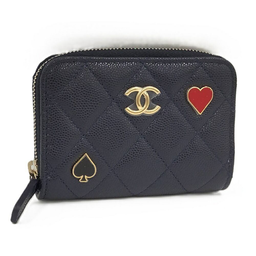 Chanel Zip Around Coin Case Caviar Leather CC Logo Navy