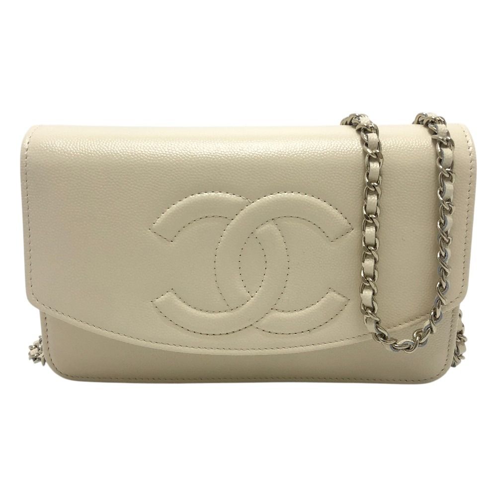 Chanel Shoulder Bag CC Logo Caviar Leather Cream White